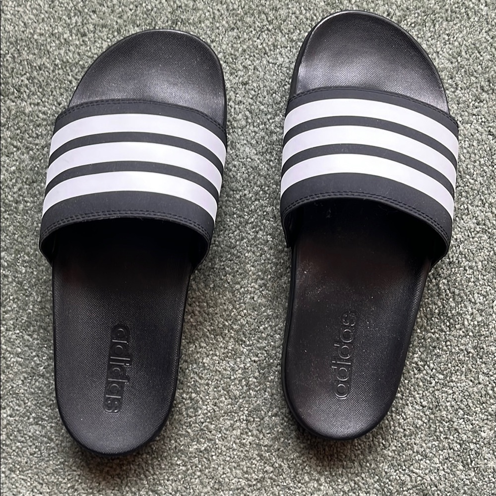 Adidas Black and White Striped Slides